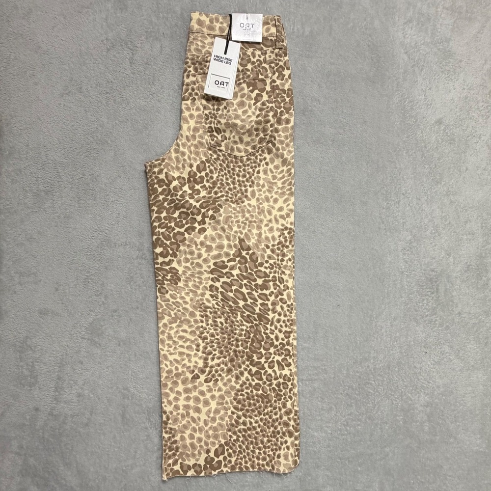 OAT New York High Rise Wide Leg Women 6/28 Tan Leopard Print Denim Jeans Party - Picture 5 of 14